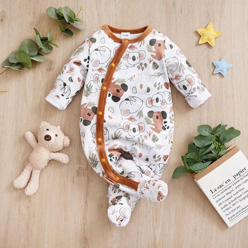 Macacão infantil com estampa de coala para bebês de 0 a 18 meses, outono/inverno, pelúcia e macacão pesado e confortável de manga comprida, roupa para bebê menino, como presente